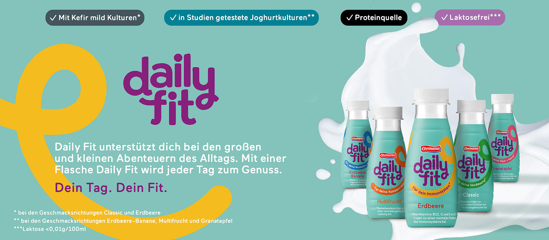 5 verschiedene Sorten Daily Fit mit Aufschrift: Daily Fit unterstützt dich bei den großen und kleinen Abenteuern des Alltags. Mit einer Flasche Daily Fit wird jeder Tag zum Genuss